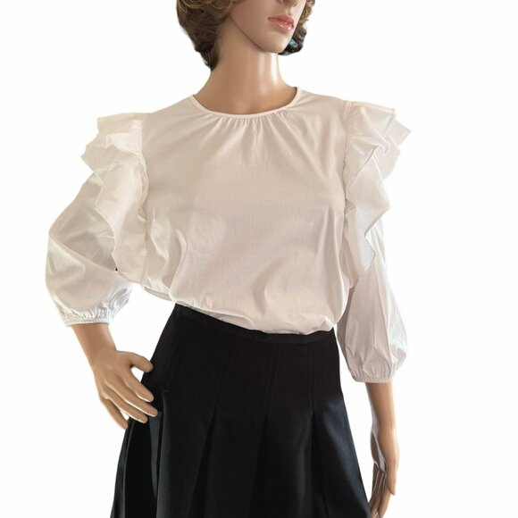 Express Tops - Y2K Express Womens Sz Small White Ruffle 3/4 Sleeve Blouse Feminine Cottage Core